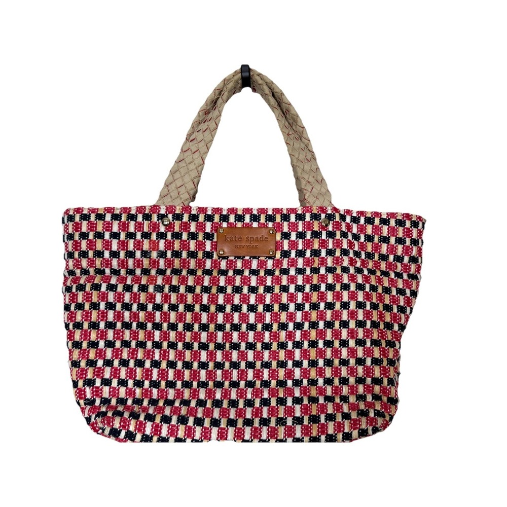Kate Spade Woven Straw Tote Bag Red Black Cream Leather Trim Large Shopper